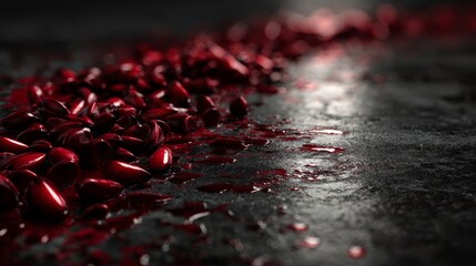 Intense bright red achiote seeds scattered across a dark, textured surface with glistening droplets