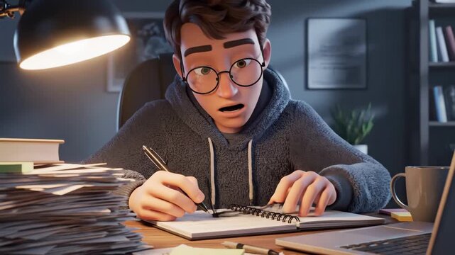 Young student feeling stressed and overwhelmed while studying late night with a heavy workload at home, surrounded by clutter and focused on the laptop and notes.