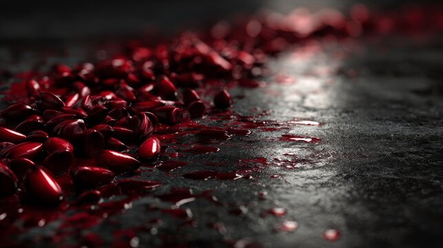 Intense bright red achiote seeds scattered across a dark, textured surface with glistening droplets