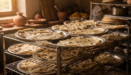 Multiple trays of tortillas resting on wire racks emphasizing traditional cooking methods and a rustic food preparation environment with a warm natural tone.