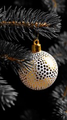 Polka Dot Christmas Ornament Hanging on Dark Pine Branch