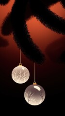 Frosted Christmas Baubles Illustration on Dark Evergreen Branch