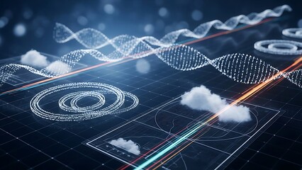 Futuristic data visualization with DNA helix and cloud computing elements