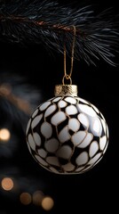 Elegant Black White Gold Glitter Christmas Ornament on Dark Branch