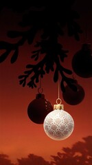 Frosted Christmas Baubles Illustration on Dark Evergreen Branch