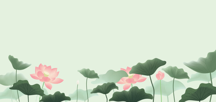 Soft, pastel lotus images, each featuring soft pink lotus flowers and green leaves on a calm, light-colored background, creating a calm and harmonious scene.