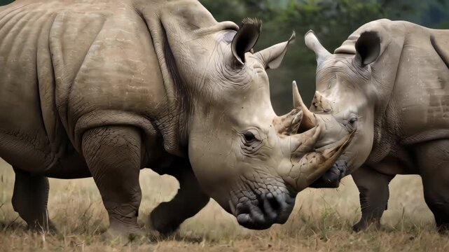 Rhino Encounter: Two majestic rhinoceros engage in a moment of interaction, showcasing the raw power and unique features of these incredible creatures.