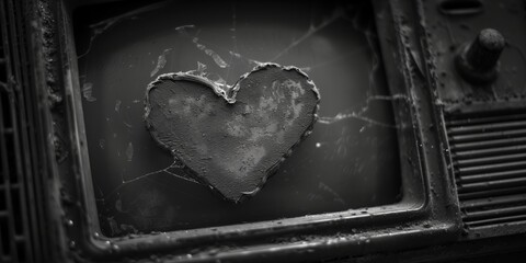 Vintage television screen displaying static noise heart shape in black and white.