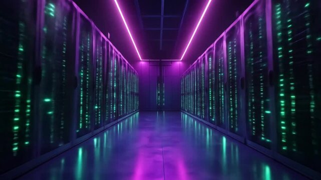 Dark futuristic data center hallway with glowing green server racks and pink neon lights