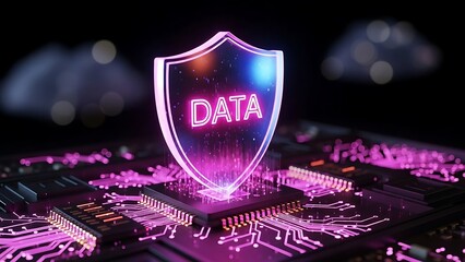 Glowing shield protects data on circuit board with neon lights