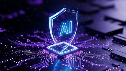 AI shield protects modern circuit board with purple glow
