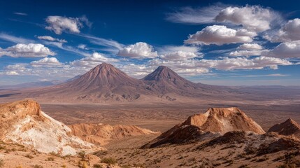 Expansive volcanic plains stretch across arid terrain towards distant mountains under a vast blue sky with scattered clouds.