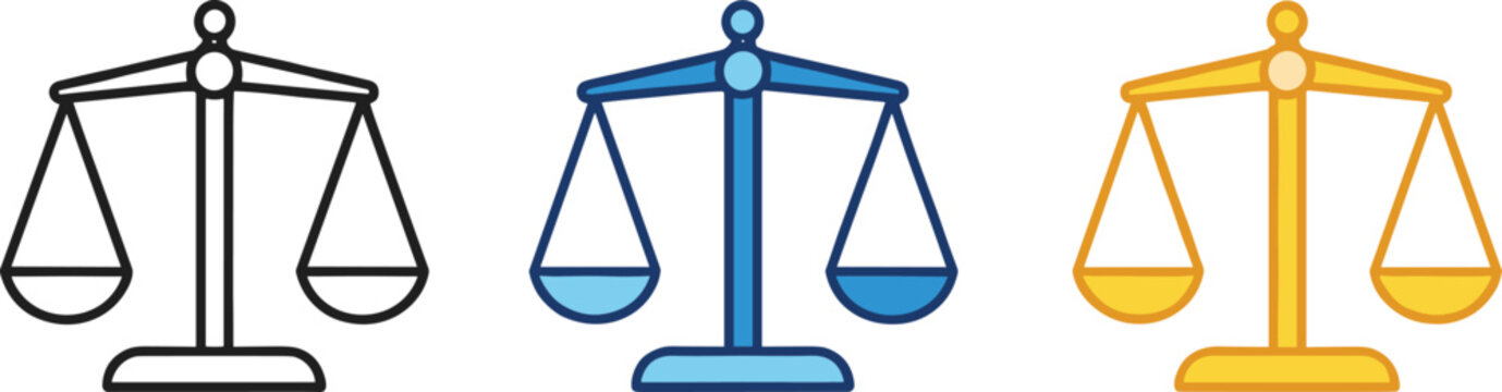 Flat vector illustration set of scale of justice icons in black blue and orange colors isolated on white background for legal law and equilibrium design