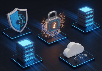 Cybersecurity Fortress: A digital landscape, showcasing key elements that represent online protection and secure data storage, like a virtual shield, cloud symbol, and secure padlock. 