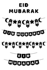 Decorative Eid Mubarak typography with lantern ornaments. Islamic festive vector illustration isolated on white background