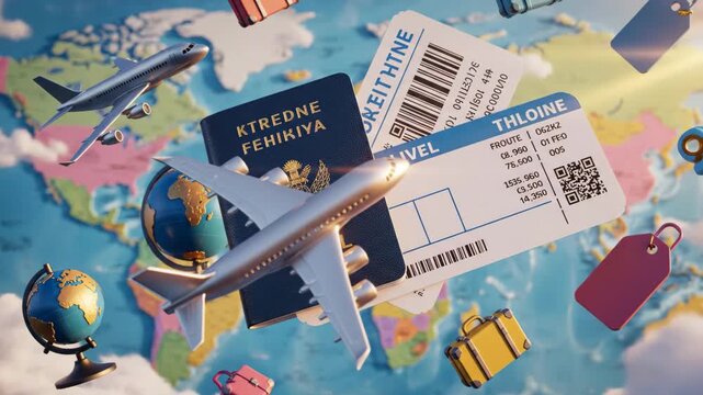 Dynamic travel scene featuring airplane, globe, passport, and boarding passes over a colorful world map illustrating global journey and aviation exploration