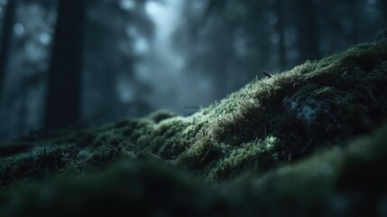 Misty Forest Floor with Moss-Covered Rocks and Sunlight Beams
