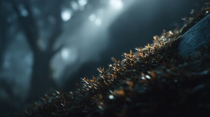 Misty Forest Floor with Moss-Covered Rocks and Sunlight Beams