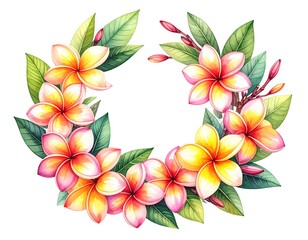 Watercolor floral arrangement of colorful frangipani blossoms and leaves