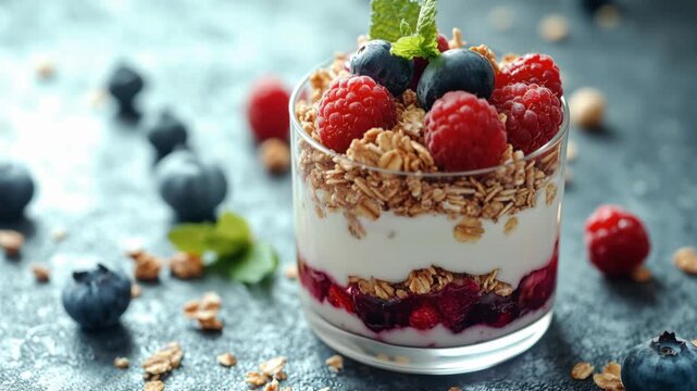 Layered yogurt parfait with granola, raspberries, and blueberries served in a glass. Healthy breakfast or light dessert with natural ingredients. Sweet, fruity, crunchy.