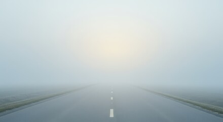 A solitary road stretches into an ethereal fog, the destination obscured in a misty veil.