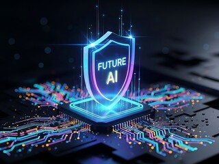 Glowing shield with Future AI text on circuit board background