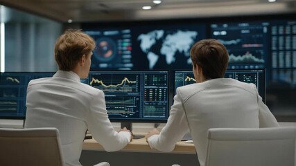 Futuristic office where financial analysts review AI-powered trading dashboards with real-time graphs, portfolio risk indicators, and market predictions, symbolizing advanced financial intelligence