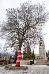 A bare winter tree adorned with red and white decorations for Baba Marta Day stands in a paved square, with a stone bell tower in the background in Bansko, Bulgaria.