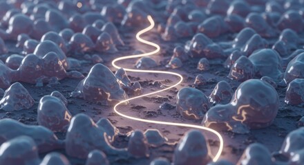 Abstract landscape featuring bulbous rock-like formations with an illuminated path winding through.