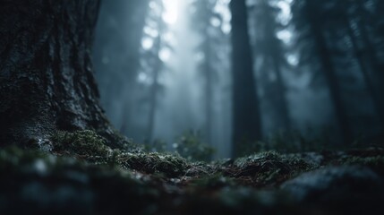 Misty Forest Floor with Moss-Covered Rocks and Sunlight Beams