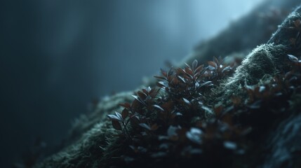 Misty Forest Floor with Moss-Covered Rocks and Sunlight Beams