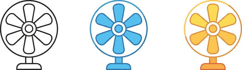 Flat vector illustration set of electric table fan icons in black blue and orange colors isolated on white background for appliance and cooling design