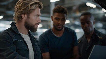 Mechanics in a busy garage collaborating on engine diagnostics illustrate teamwork, industrial skill, advanced tools, and the complexity of modern automotive repair and troubleshooting. cinematic