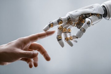 Engineer gently touches the hand of a humanoid robot in a futuristic setting during a technology showcase event