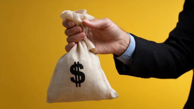 Business transaction involving money bag and financial exchange concept