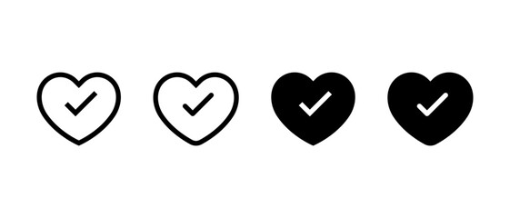 Good health, healthy icon set. Heart with check mark symbol. Love with checkmark sign