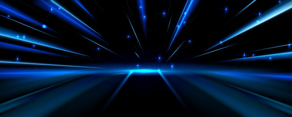 Speed light trails with neon blue lines radiating across dark background. Futuristic tech motion effect with luminous beams and glowing particles - dynamic energy burst on fast digital velocity scene.