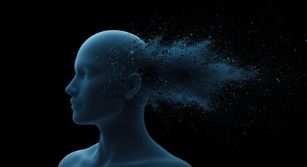 Abstract visualization of a head in blue tones dissolving into tiny particles on black background.