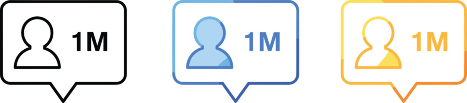 Flat vector illustration set of social media follower count icons showing one million subscribers in black blue and orange speech bubble shapes