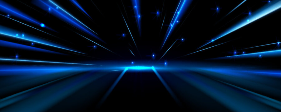 Speed light trails with neon blue lines radiating across dark background. Futuristic tech motion effect with luminous beams and glowing particles - dynamic energy burst on fast digital velocity scene.