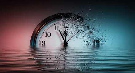 A clock is partially submerged in water, half of it disintegrating into droplets, creating a surreal scene.