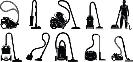 Vacuum cleaner silhouette, household appliance vector, cleaning equipment design, upright canister robot, floor care icon, home maintenance illustration © Tanzila