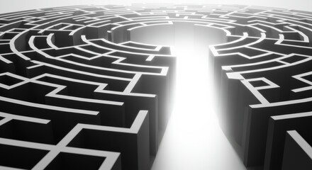 A circular maze with a bright, light-filled exit, creating a symbolic path to resolution.