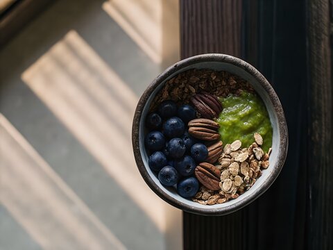 Healthy breakfast bowl with blueberries kiwi nuts and granola