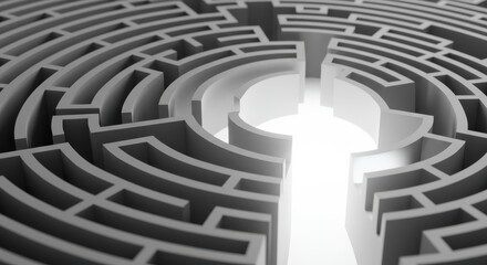 A complex, grey maze, illuminated at the exit. The maze design evokes challenges and complexity.