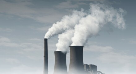 Industrial complex expels vapor into the atmosphere, surrounded by overcast skies and cloud cover.