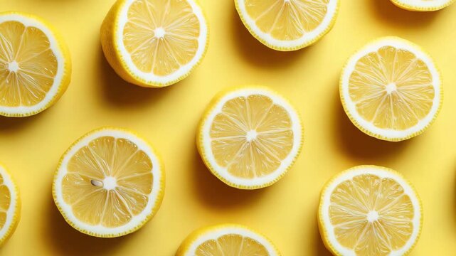 Top-down view of symmetrical lemon halves placed on a bright yellow surface. Juicy, fresh citrus slices create a vivid summer or food concept background. Clean, minimal, and colorful design.