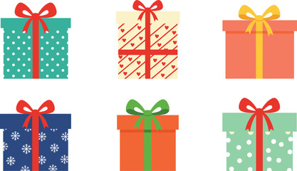 Flat vector illustration set of colorful gift boxes with ribbons and bows featuring patterns like hearts snowflakes and dots for holiday celebration design
