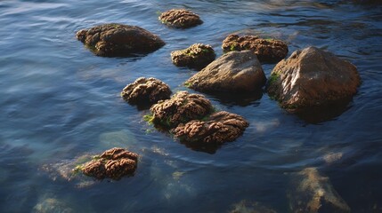 Serene coastal scene showcasing textured rocks partially submerged in crystal clear blue ocean water with lush green algae growth and gentle surface