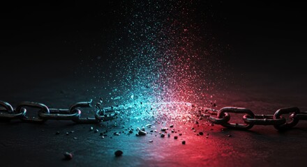 A symbolic display featuring a broken chain link with a burst of energy, signifying freedom.